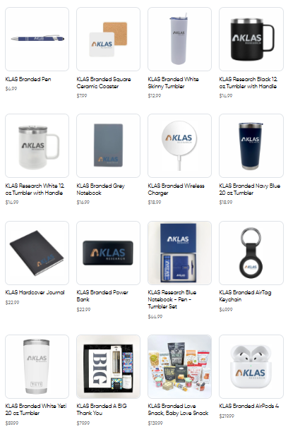 Various branded items including tumblers, notebooks, and keychains on a white background