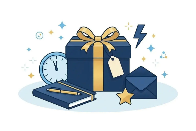 Illustration of a blue gift box with a gold ribbon, clock, notebook, pen, envelope, and star on a white background.