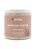 Jar of 'Morning Coffee' whip scrub by Latika on a white background