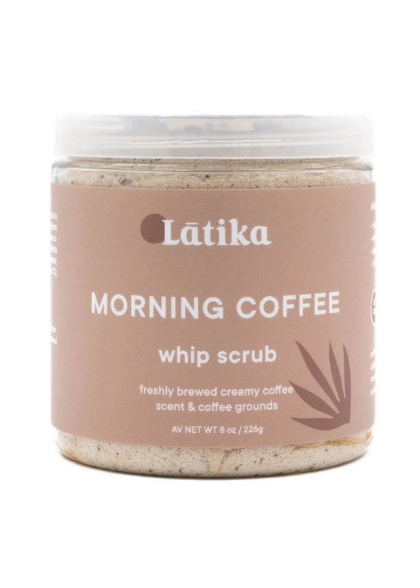 Jar of 'Morning Coffee' whip scrub by Latika on a white background