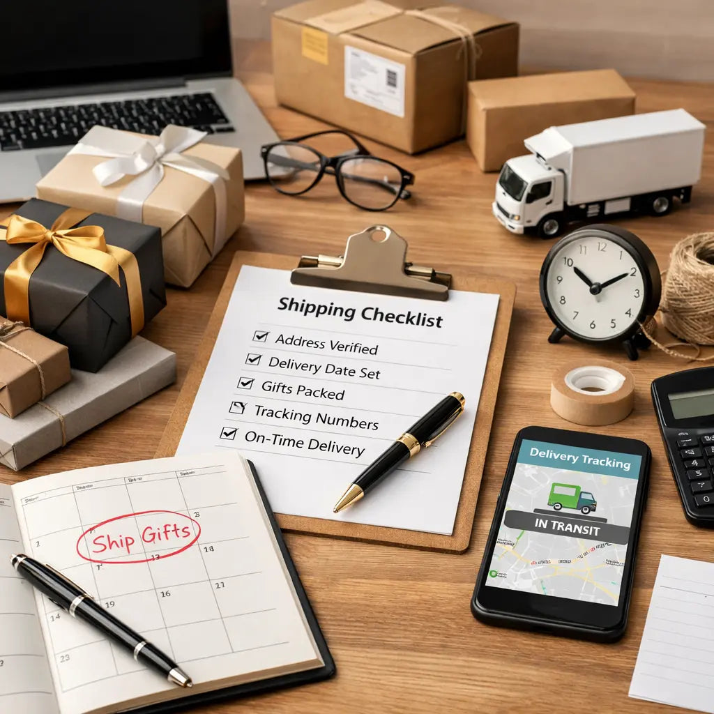 Shipping checklist on a desk with gift boxes, a truck model, and a smartphone displaying delivery tracking.