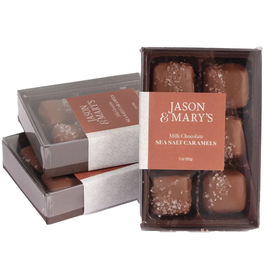 Box of Jason & Mary's milk chocolate sea salt caramels on a white background