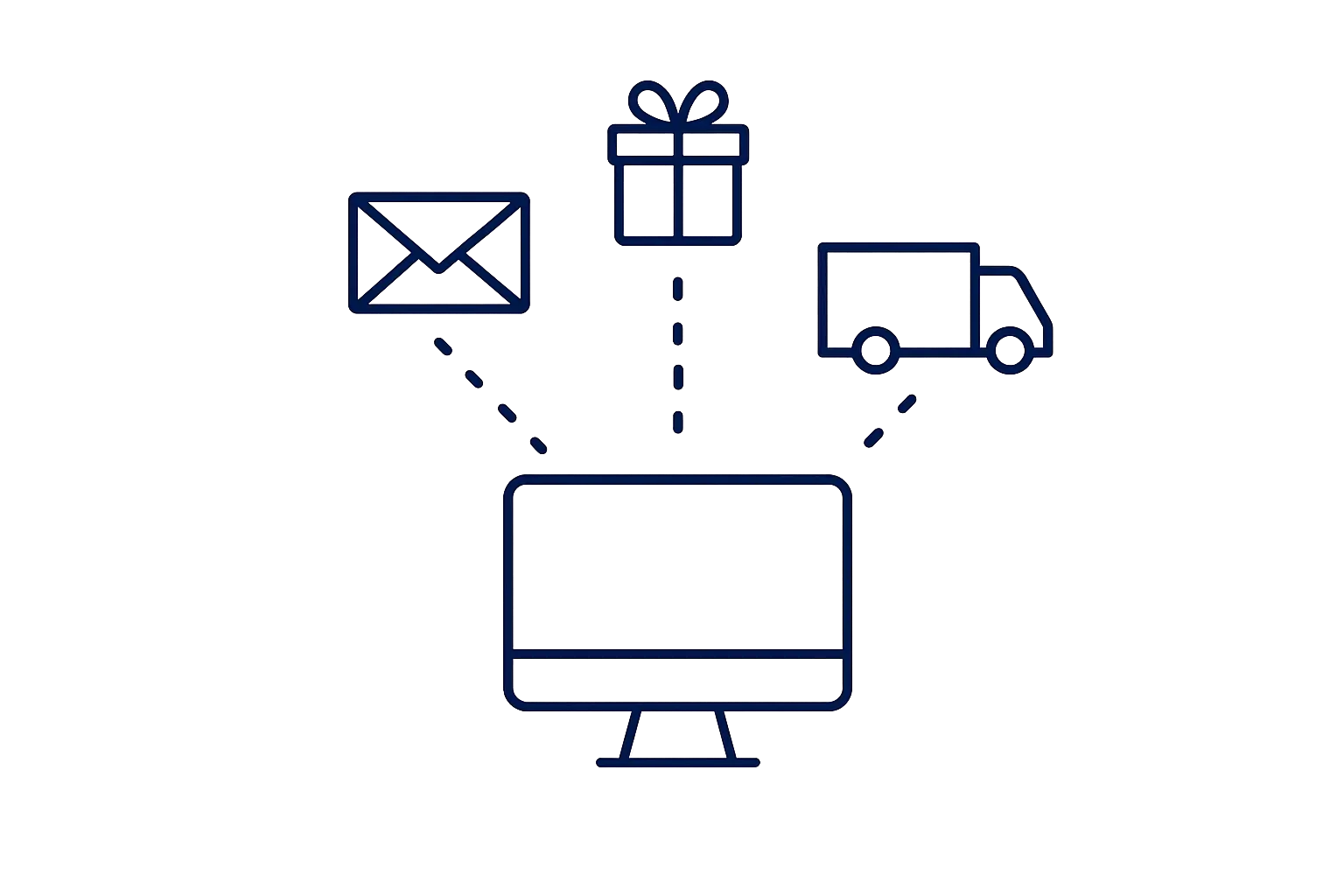 Icon of a computer monitor with an envelope, gift box, and delivery truck connected to it on a white background.