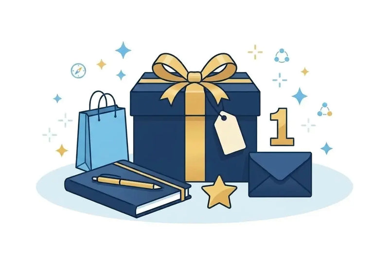 Illustration of a blue gift box with a gold ribbon, a blue shopping bag, a book with a pen, and a envelope on a white background.