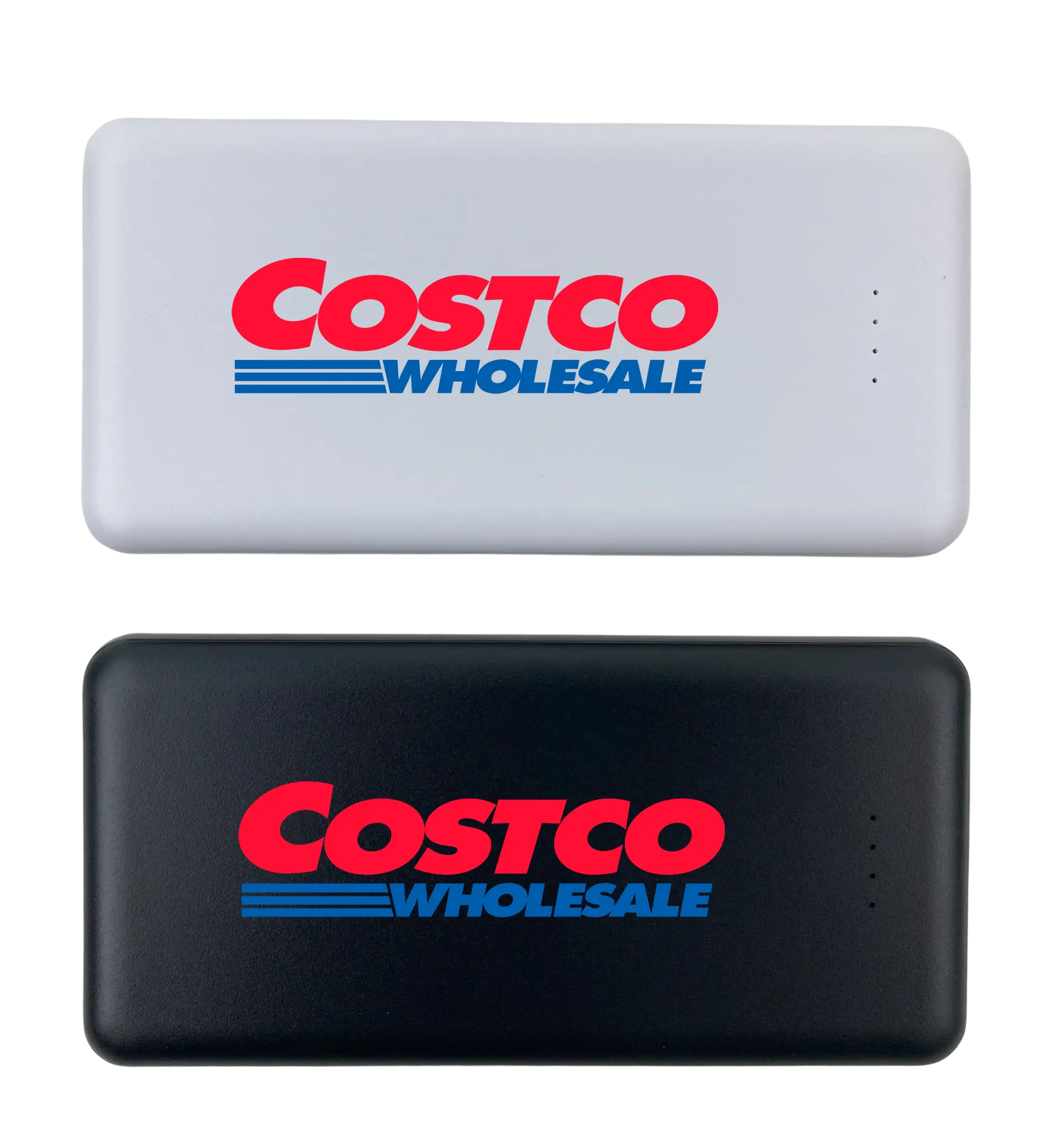 Two Costco power banks, one white and one black, with the Costco logo on a white background.