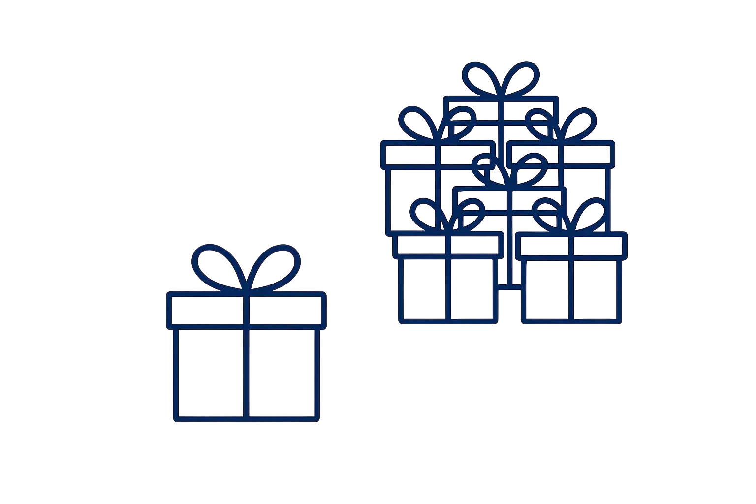 Icon of a stack of gift boxes with a single box in front on a white background