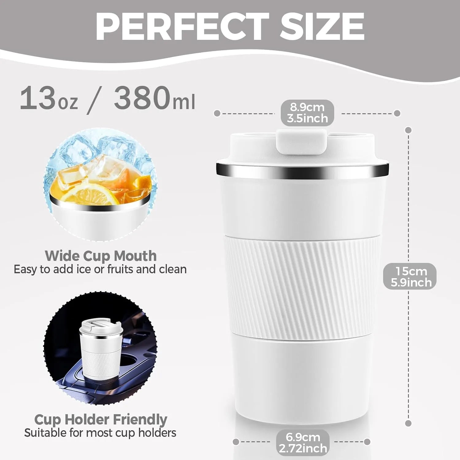 White travel mug with measurements and features on a gray background