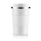 White travel mug with a ribbed design on a white background