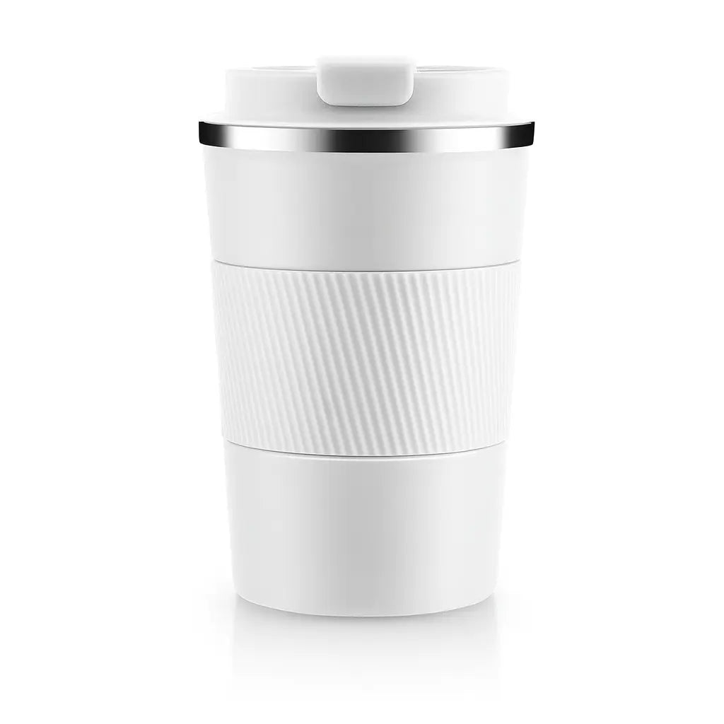 White travel mug with a ribbed design on a white background