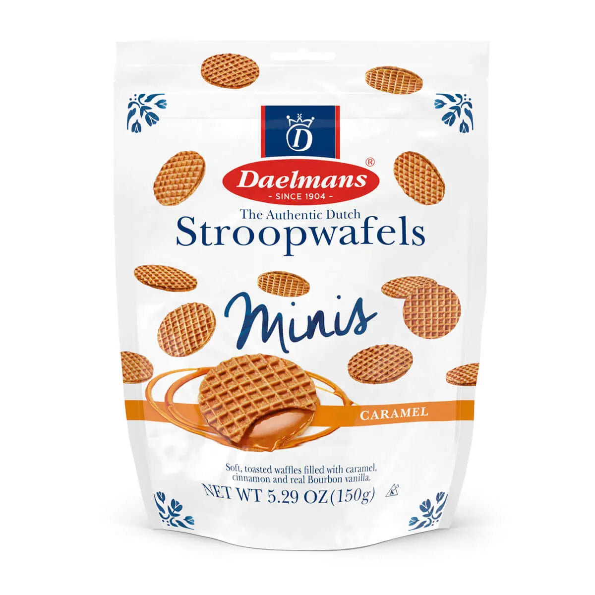 Packaging of Daelman's Stroopwafels Minis Caramel on a white background