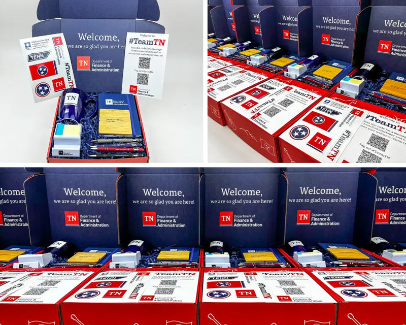 TN Finance & Treasury boxes with welcome messages and branding.