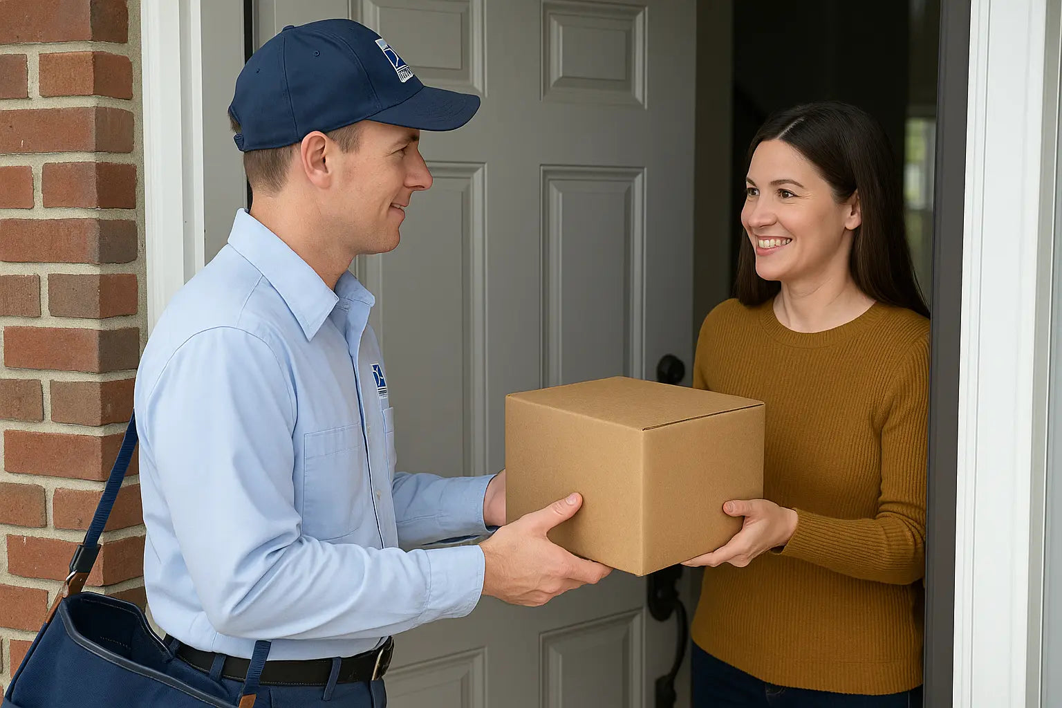 Delivery person handing a package to a woman at a door.
