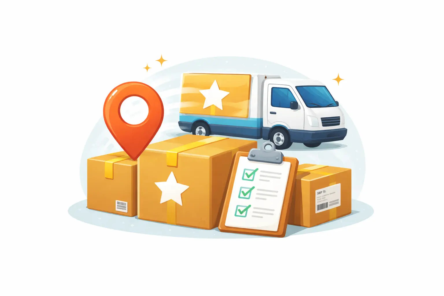 Illustration of a delivery truck, boxes, and a map marker on a white background