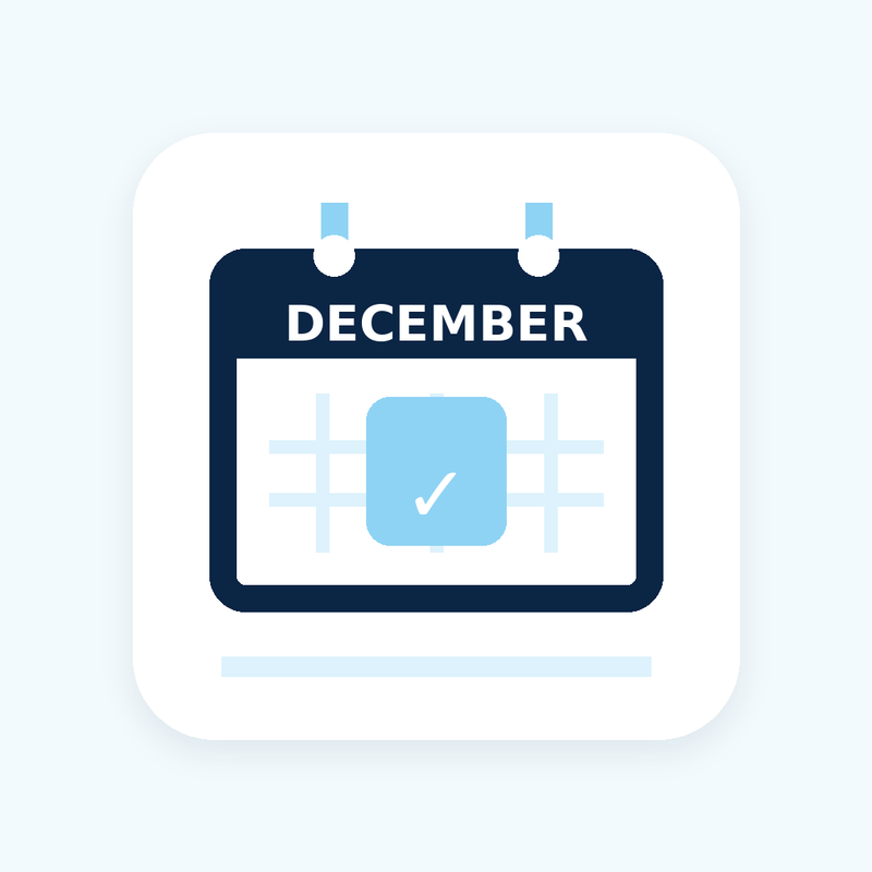 Calendar icon for December with a checkmark, on a light blue background