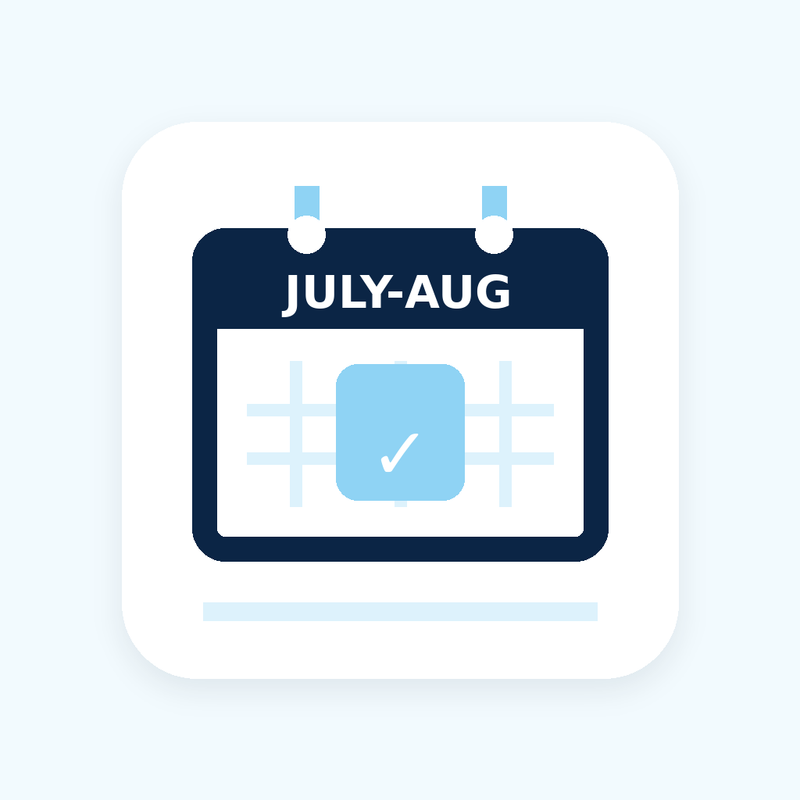 Calendar icon for July-August with a blue checkmark on a light blue background