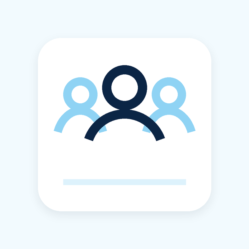 Icon of three people in blue and black on a light blue background